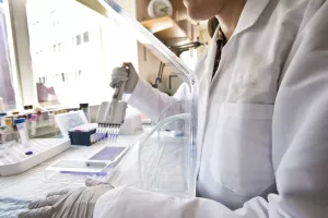 Closeup of researcher working in lab of the Clinical and Translational Research Center.